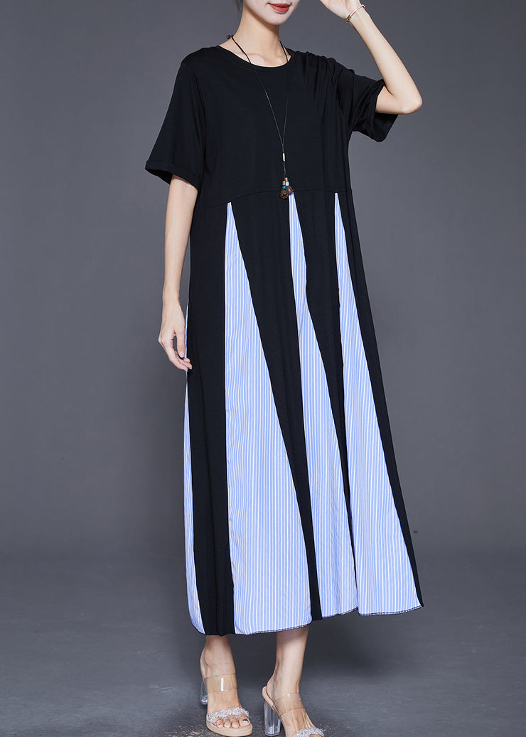 Organic Black Exra Large Hem Patchwork Striped Cotton Holiday Dress Summer