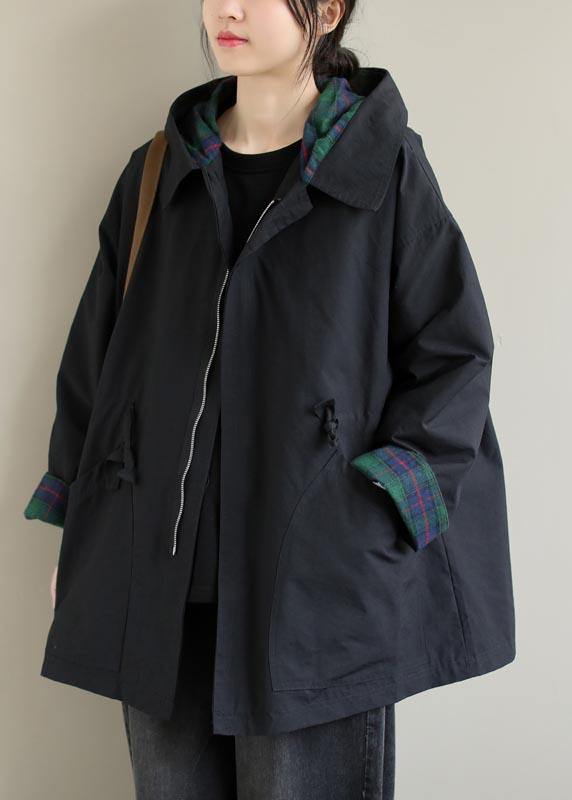 Organic Black Fine Coats Women Blouses Inspiration Hooded Zip Up Spring Jackets - SooLinen