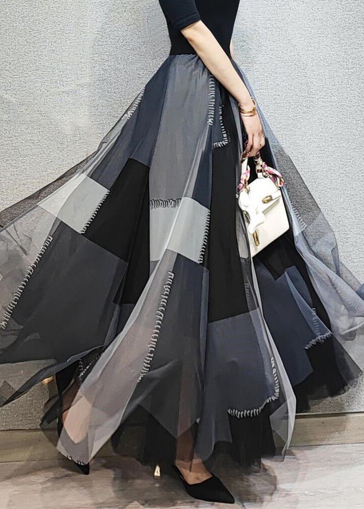 Organic Black Grey Plaid Patchwork Elastic Waist Tulle Maxi Skirts Spring