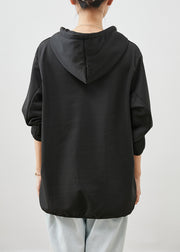 Organic Black Hooded Zippered Cotton Pullover Sweatshirt Spring