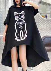 Organic Black Hooded Drawstring Low High Design Print Sweatshirts Kleid Frühling