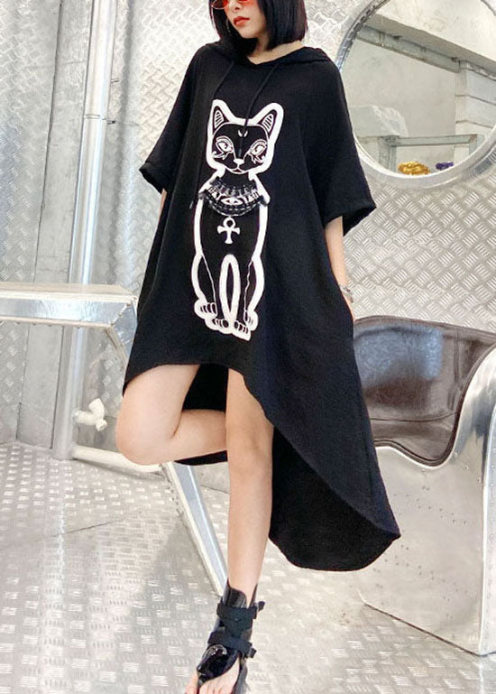 Organic Black Hooded Drawstring Low High Design Print Sweatshirts Kleid Frühling