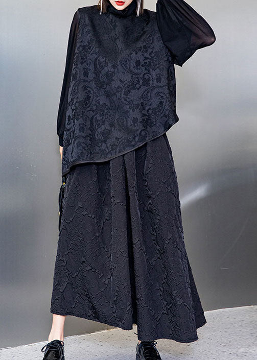 Organischer schwarzer Jacquard, asymmetrische Oberteile, lockere Weste, ein Linienrock, dreiteiliges Outfit für den Frühling