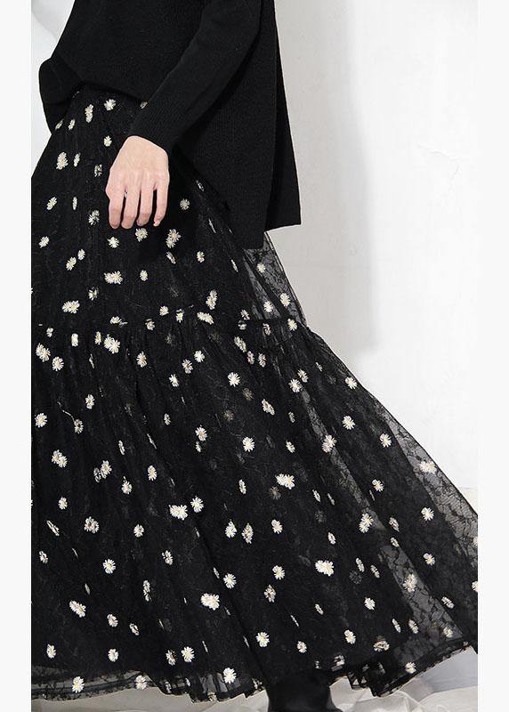 Organic Black Lace Embroideried Summer A Line Skirt - SooLinen
