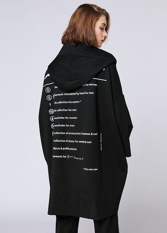 Organic Black Letter zippered hooded Pockets Fall Long Coat