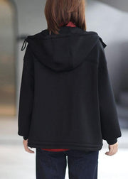 Organic Black Loose Zippered Pockets Fall Hoodie Coat Long Sleeve - SooLinen