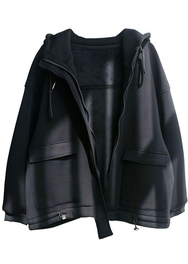 Organic Black Loose Zippered Pockets Fall Hoodie Coat Long Sleeve - SooLinen
