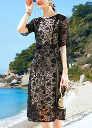 Organic Black O-Neck Embroidered Side Open Silk Dinner Dress Short Sleeve