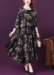 Organic Black O Neck Print Asymmetrical Design Silk Dress Summer