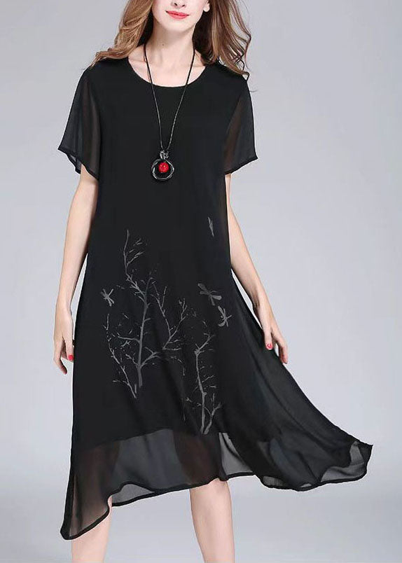 Organic Black O Neck Print Patchwork Chiffon Dresses Summer