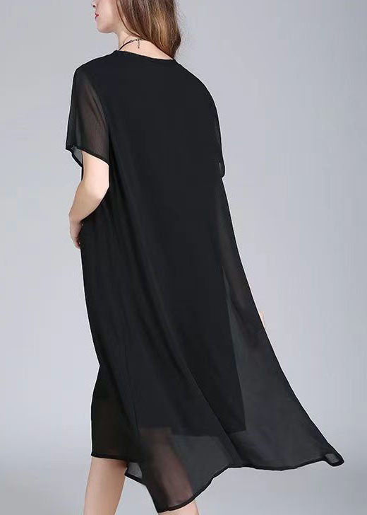 Organic Black O Neck Print Patchwork Chiffon Dresses Summer
