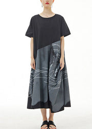 Organic Black O Neck Print Patchwork Cotton Dress Summer