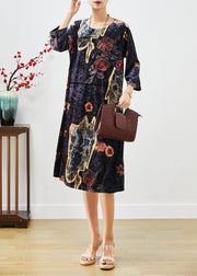 Organic Black Oversized Print Silk Velour Maxi Dresses Fall
