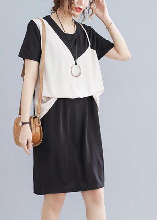 Organic Black Patchwork Beige Summer Chiffon Dress - SooLinen