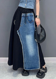 Organic Black Patchwork Blue Elastic Waist Tie Waist Long Skirt Summer