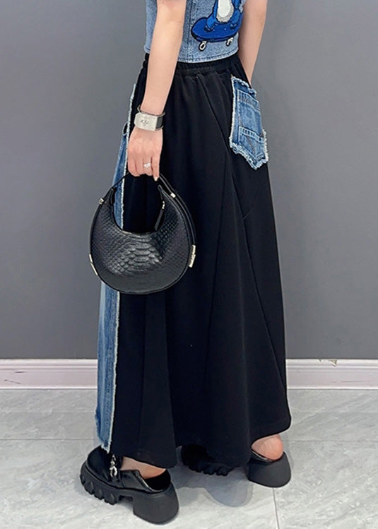 Organic Black Patchwork Blue Elastic Waist Tie Waist Long Skirt Summer