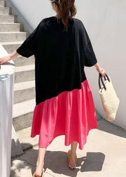 Organic Black Patchwork Rose O-Neck Summer Maxi Dress Half Sleeve - SooLinen