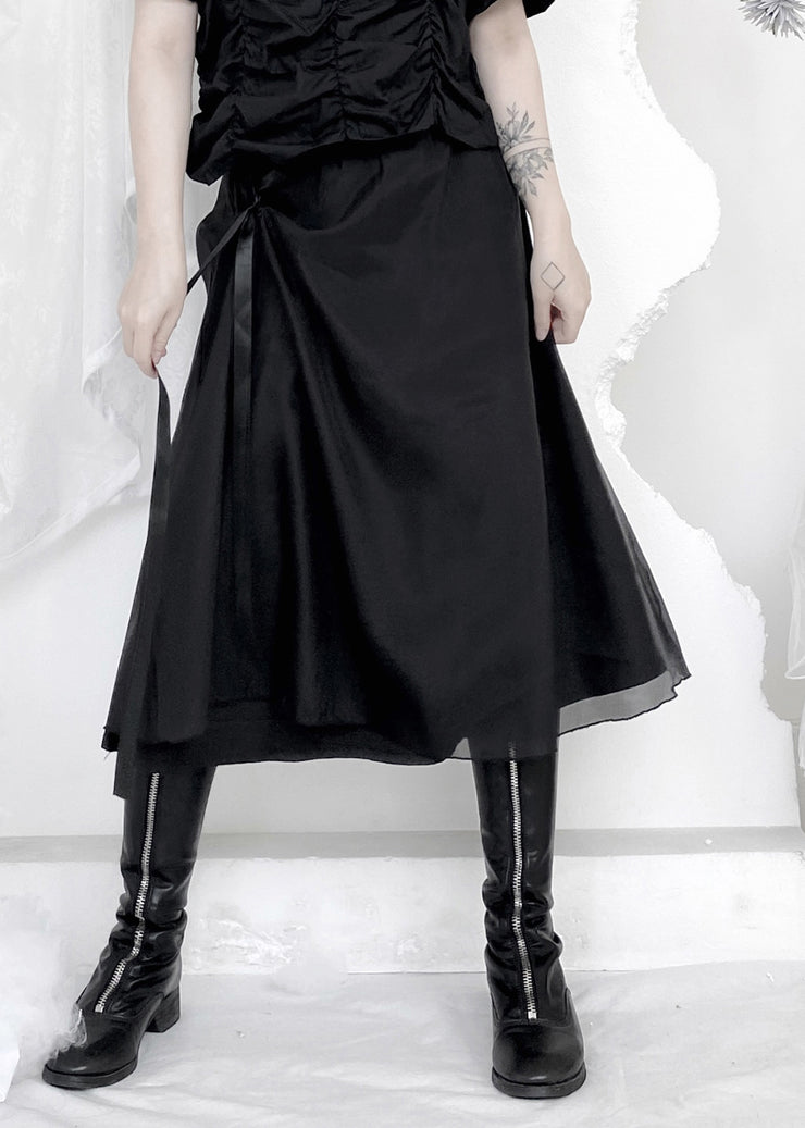 Organic Black Patchwork Wrinkled Tie Waist Tulle A Line Skirts Summer