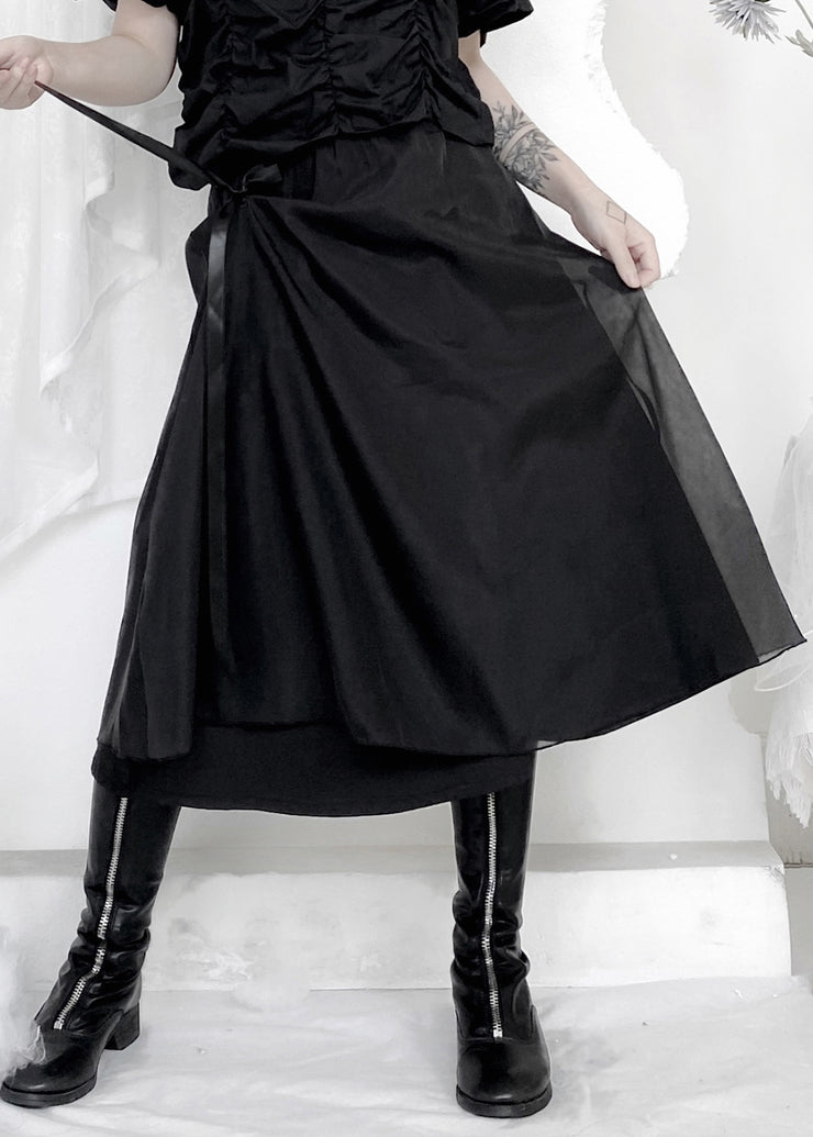 Organic Black Patchwork Wrinkled Tie Waist Tulle A Line Skirts Summer