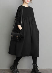 Organic Black Patchwork wrinkled Pockets Cotton Dresses Spring
