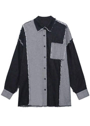 Organic Black Peter Pan Collar Button Pockets Fall Patchwork Denim Shirt Tops Long sleeve - SooLinen