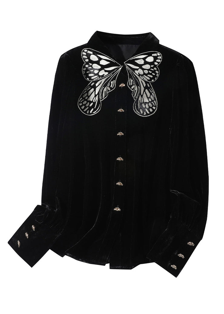 Organic Black Peter Pan Collar Embroidered Butterfly Button Velour Shirts Long Sleeve