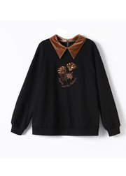 Organic Black Peter Pan Collar Embroidered Warm Fleece Top Fall