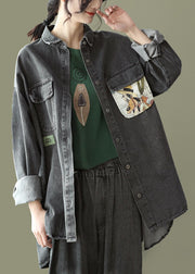 Organic Black Peter Pan Collar Pockets Patchwork Denim Coats Long Sleeve