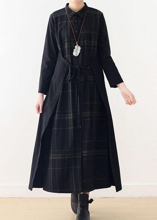 Organic Black Plaid Tie Long Sleeve Holiday Dress Fall - SooLinen