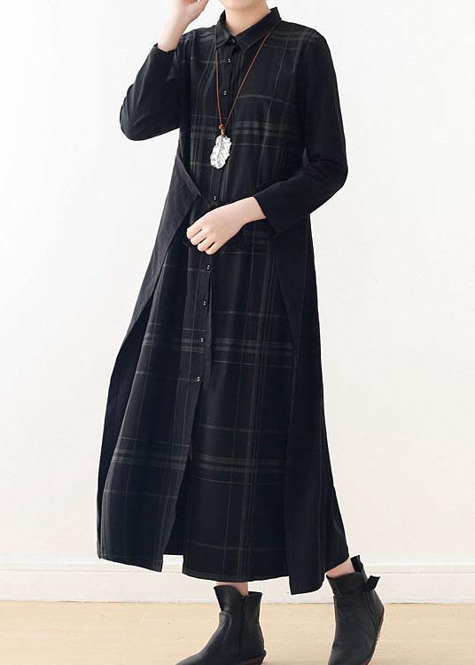 Organic Black Plaid Tie Long Sleeve Holiday Dress Fall - SooLinen