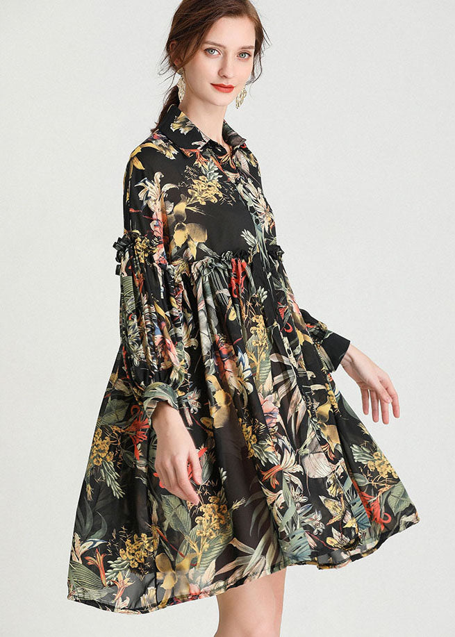 Organic Black Print Button Fashion Fall Long Sleeve Dresses