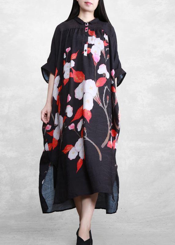 Organic Black Oversize Floral Summer Maxi Dresses - SooLinen