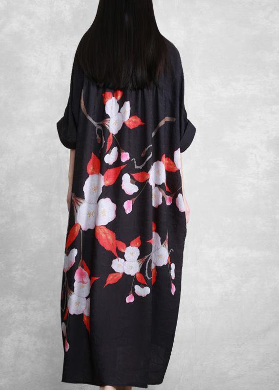 Organic Black Oversize Floral Summer Maxi Dresses - SooLinen