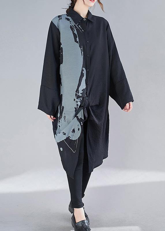 Organic Black Print Dresses Lapel Patchwork Loose Spring Dress - SooLinen