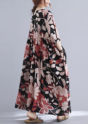 Organic Black Print O-Neck Linen Cotton Maxi Summer Cotton Dress - SooLinen