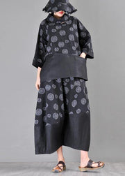 Organic Black Print Patchwork Cotton Linen Summer Shirt - SooLinen
