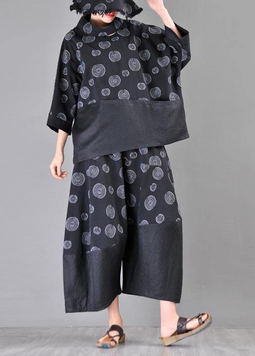 Organic Black Print Patchwork Cotton Linen Summer Shirt - SooLinen
