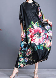 Luxy Black Silk Dress Long Batwing Sleeve Maxi Dresses Caftan - SooLinen