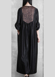 Organic Black Quilting Clothes V Neck Patchwork Robes Spring Dress - SooLinen