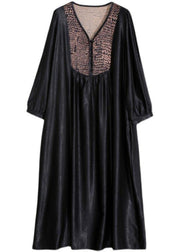 Organic Black Quilting Clothes V Neck Patchwork Robes Spring Dress - SooLinen
