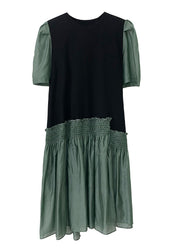 Organic Black Ruffled Patchwork Cotton Dress Short Sleeve