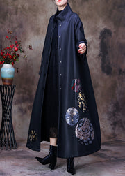 Organic Black Stand Collar Embroidered Floral Button Silk Trench Coats Long Sleeve