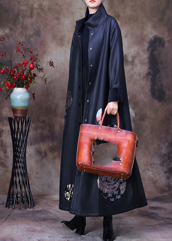 Organic Black Stand Collar Embroidered Floral Button Silk Trench Coats Long Sleeve