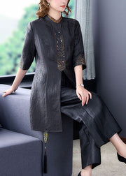 Organic Black Stand Collar Embroidered Silk Tops Summer