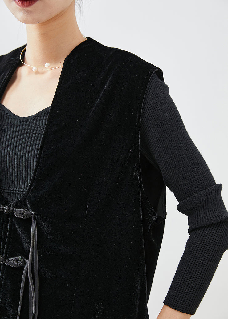 Organic Black Tasseled Chinese Button Silk Velour Vest Fall