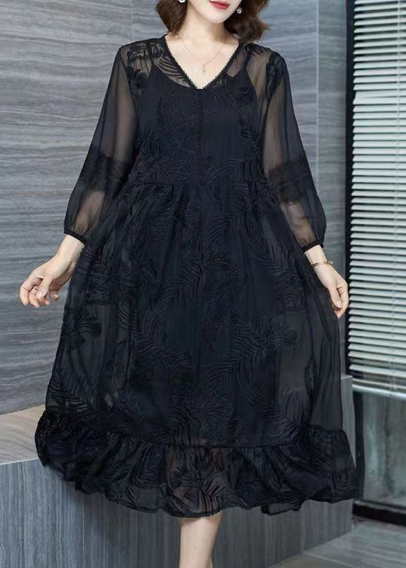 Organic Black V Neck Embroidered Patchwork Tulle Dresses Summer