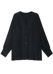 Organic Black V Neck Loose Casual Button Herbst Langarm-Shirt