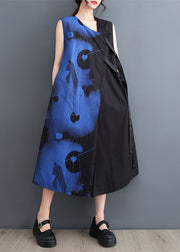 Organic Black V Neck Print Patchwork Cotton Dresses Sleeveless
