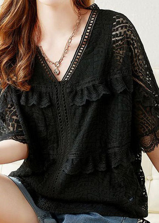 Organic Black V Neck Ruffled Embroidered Patchwork Lace Blouse Summer