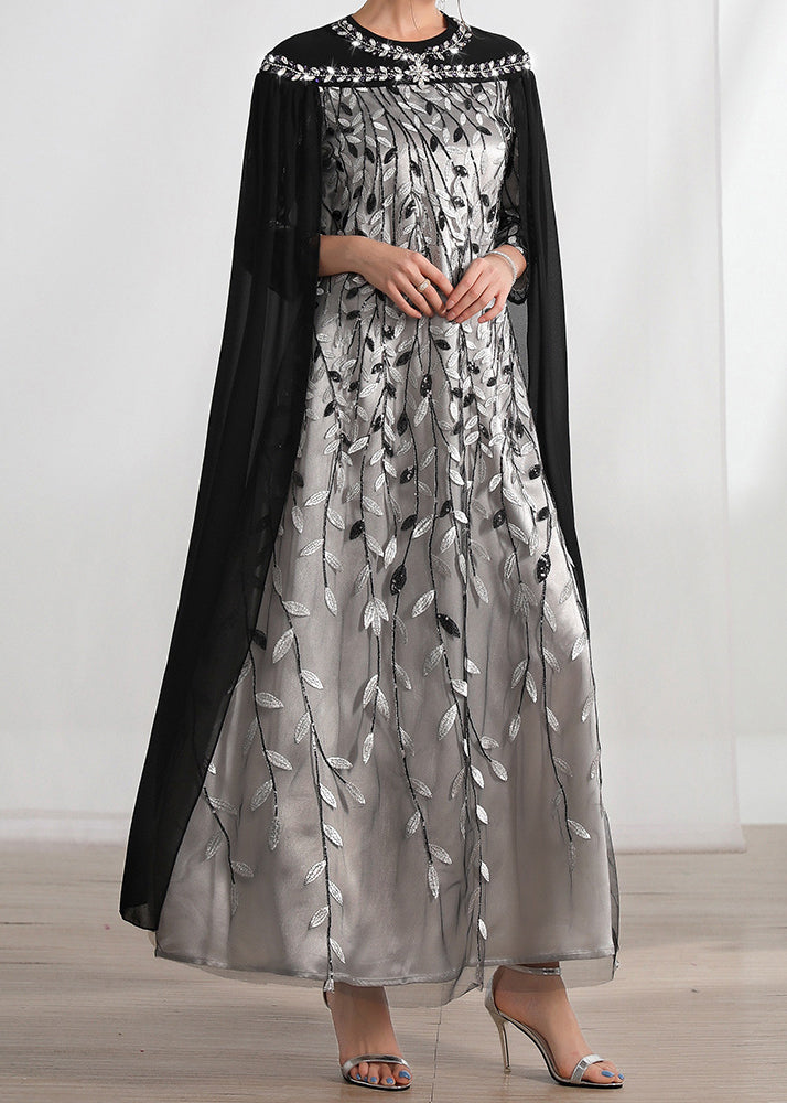 Organic Black White Patchwork Nail Bead Sequins Leaf Tulle Robe Dresses